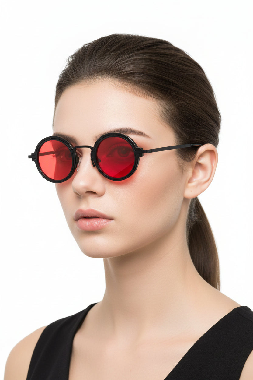 Retro round-rim sunglasses with black frames and vibrant red lenses offering uv protection from trend den C6