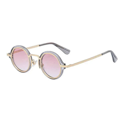Retro round-rim sunglasses with gold-tone metal frame, clear pink to purple gradient lenses, and gray temple tips C8