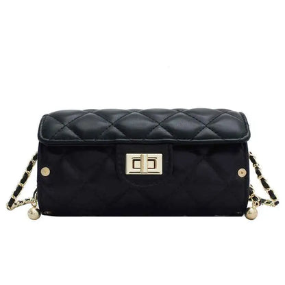 Black quilted leather rhombus-pattern structured crossbody bag with gold-tone hardware and chain strap from trend den Black