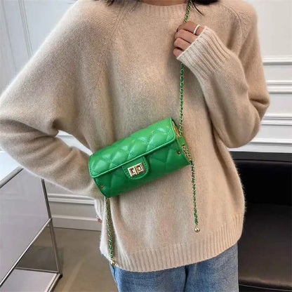 Vibrant green quilted rhombus-pattern structured crossbody bag with gold-tone hardware and chain strap from trend den