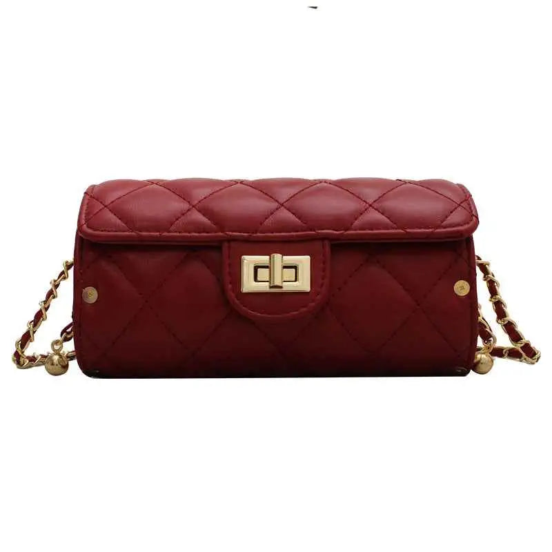 A rich burgundy quilted rhombus-pattern structured crossbody bag with gold-tone chain strap from trend den Wine Red
