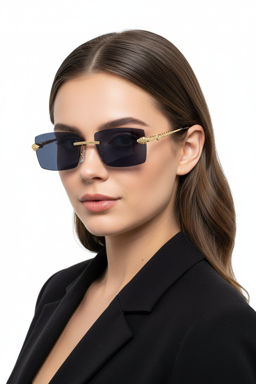 Rimless rectangular gradient sunglasses with gold-toned snake embellishments dark blue lenses and textured metal frames C1 Golden Tea All grey