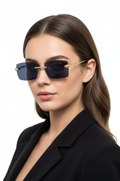 Rimless rectangular gradient sunglasses with gold-toned snake embellishments dark blue lenses and textured metal frames C1 Golden Tea All grey