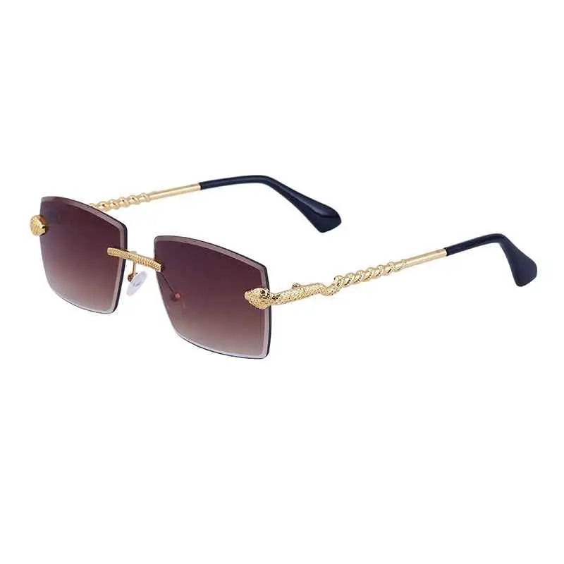 Gold-toned rimless rectangular gradient sunglasses with twisted metal frame and dark brown lenses for trend den style C3 Gold Tea Gradient tea