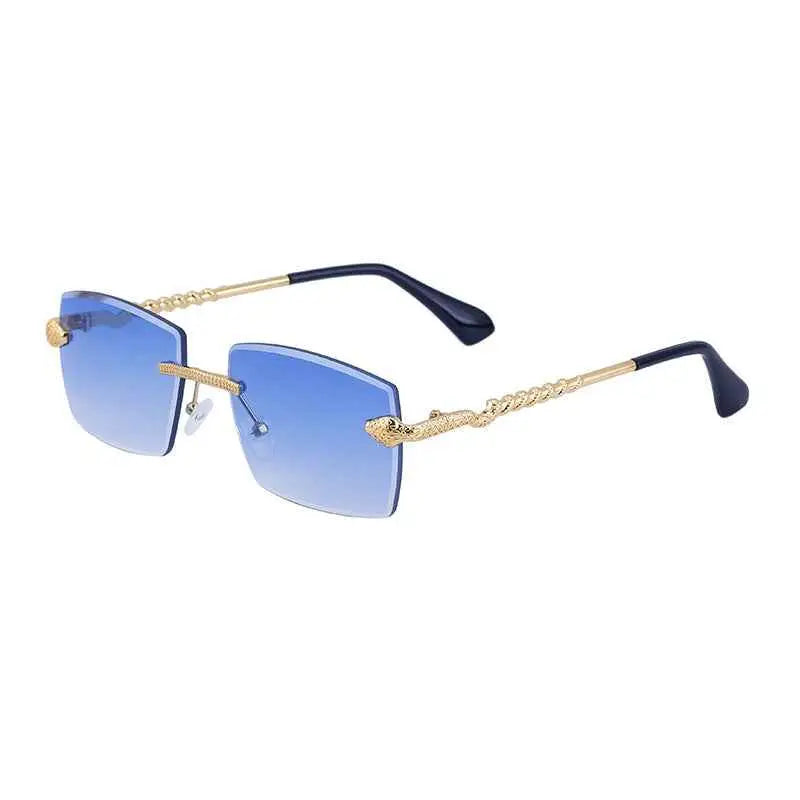 Rimless rectangular gradient sunglasses with blue gradient lenses gold-tone twisted metal frames and black temple tips C4 Gold Tea Blue Tablets
