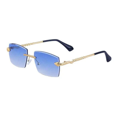 Rimless rectangular gradient sunglasses with blue gradient lenses gold-tone twisted metal frames and black temple tips C4 Gold Tea Blue Tablets