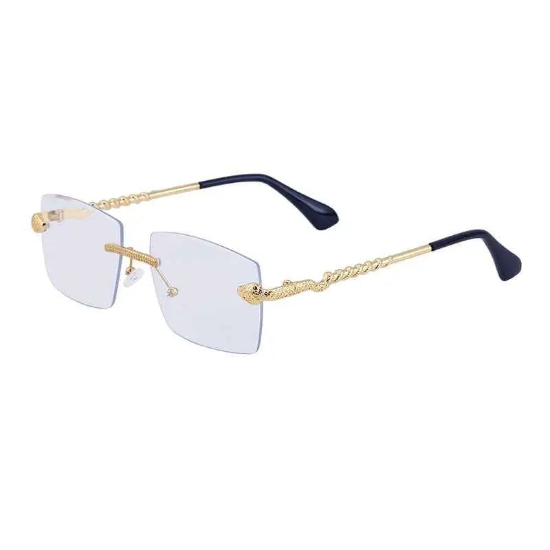 Rimless rectangular gradient sunglasses with gold-toned rope-textured frame navy blue temple tips and clear lenses C5 Gold Tea antiblue light