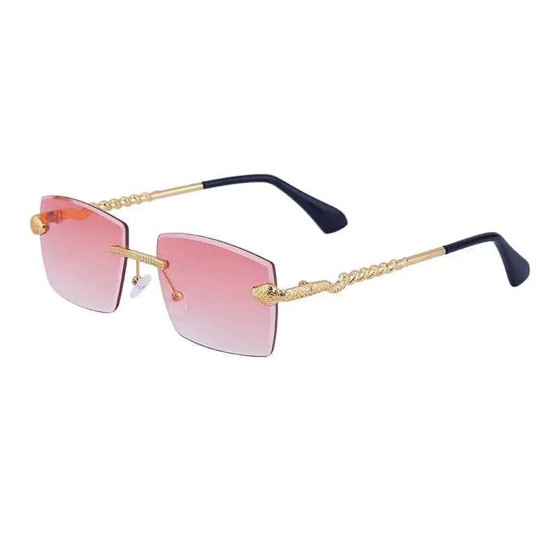 Rimless rectangular gradient sunglasses with pink gradient lenses gold twisted metal frames and black temple tips C7 Gold Tea Powder Tablets
