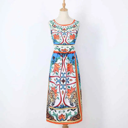 A vibrant sleeveless retro print cake maxi dress with bold floral and leopard print in orange blue green and white Printing