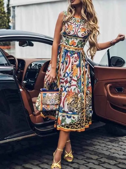 Vibrant multicolored sleeveless retro print cake dress with intricate floral and animal motifs in midi length