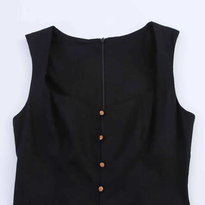 Back view of black sleeveless slim-fit linen midi dress with central zipper and wooden buttons down the back
