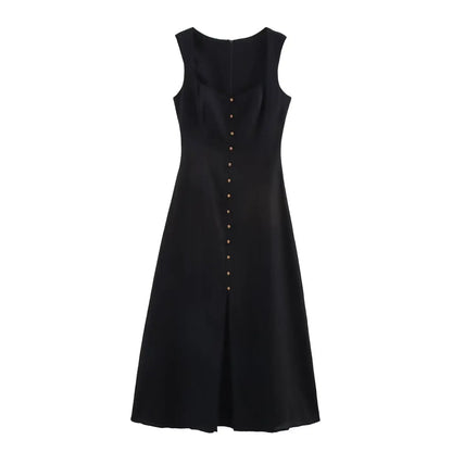 Black sleeveless slim-fit linen midi dress back view with straight back and vertical row of small metallic buttons Black