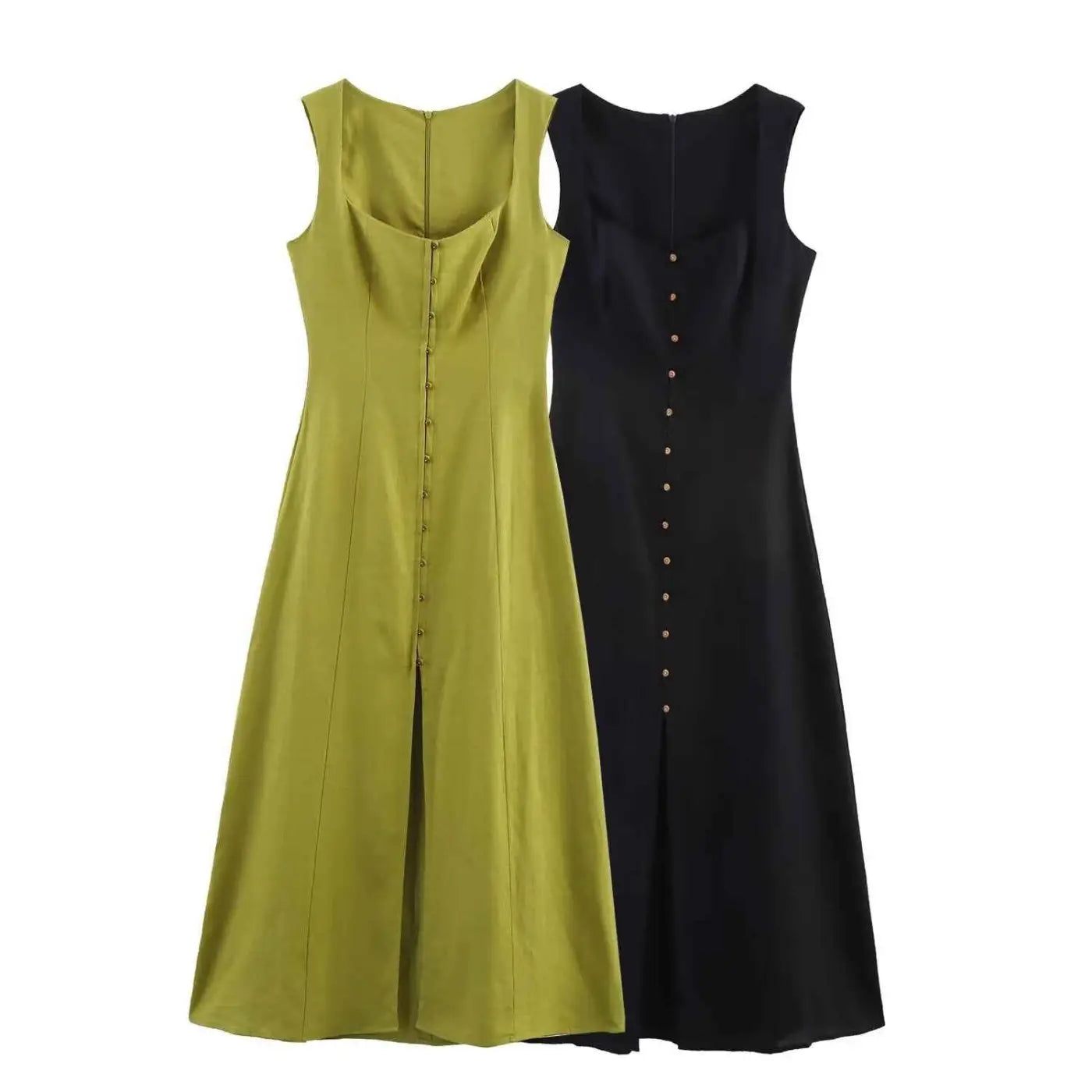 Olive green and black sleeveless slim-fit slimming linen midi dresses with button-front closures for stylish wear