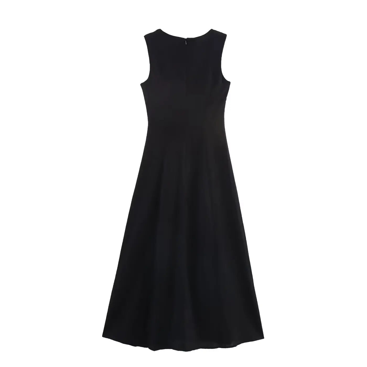 Sleek sleeveless slim-fit slimming black linen midi dress with round neckline and flowing a-line silhouette