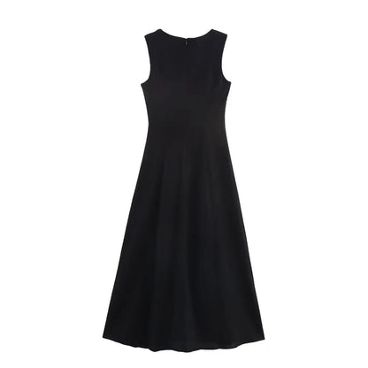 Sleek sleeveless slim-fit slimming black linen midi dress with round neckline and flowing a-line silhouette