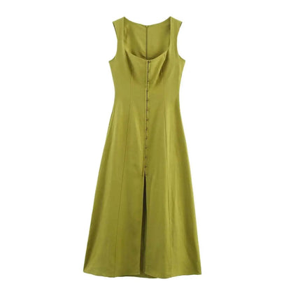 Slim-fit slimming linen midi dress in olive green with sleeveless design button-down front and subtle side pleats Yellow Green