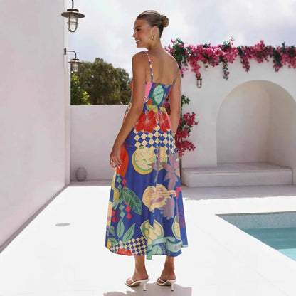 A vibrant blue south african slip dress with colorful tropical lemon linen print for casual holiday style