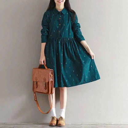 Dark green long sleeve printed corduroy dress with small embroidery and button-down collar south african style Blackish green