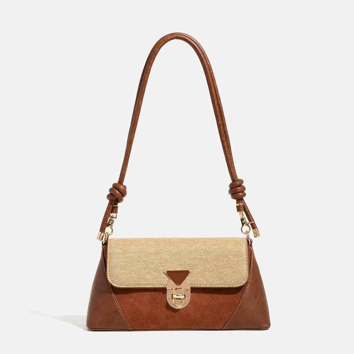 Brown and beige two-tone baguette underarm bag with textured flap gold-toned triangular clasp and knotted leather straps