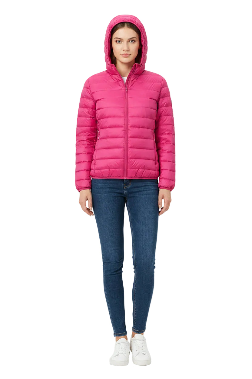 A vibrant fuchsia ultra-lightweight women’s hooded down jacket with quilted design filled with white duck down