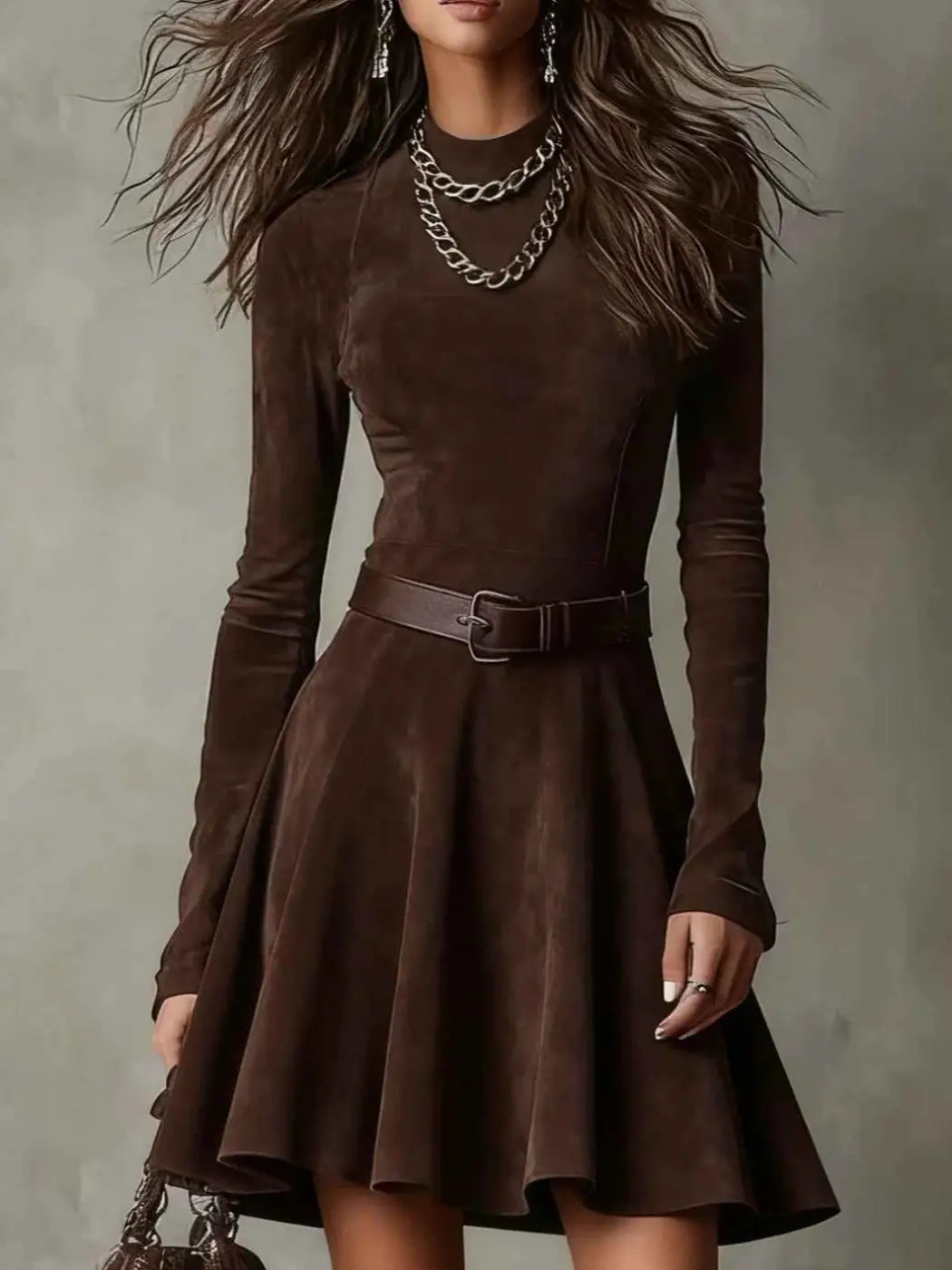 Rich brown suede vintage half-high neck mini dress with long sleeves and fitted waistband south african style Brown