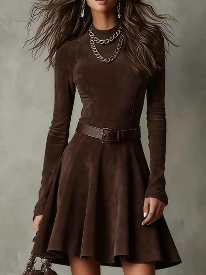 Rich brown suede vintage half-high neck mini dress with long sleeves and fitted waistband south african style Brown
