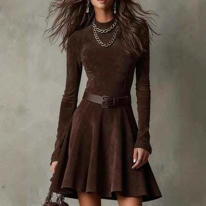 A rich brown suede south african vintage half-high neck long sleeve dress with a flared skirt and matching belt