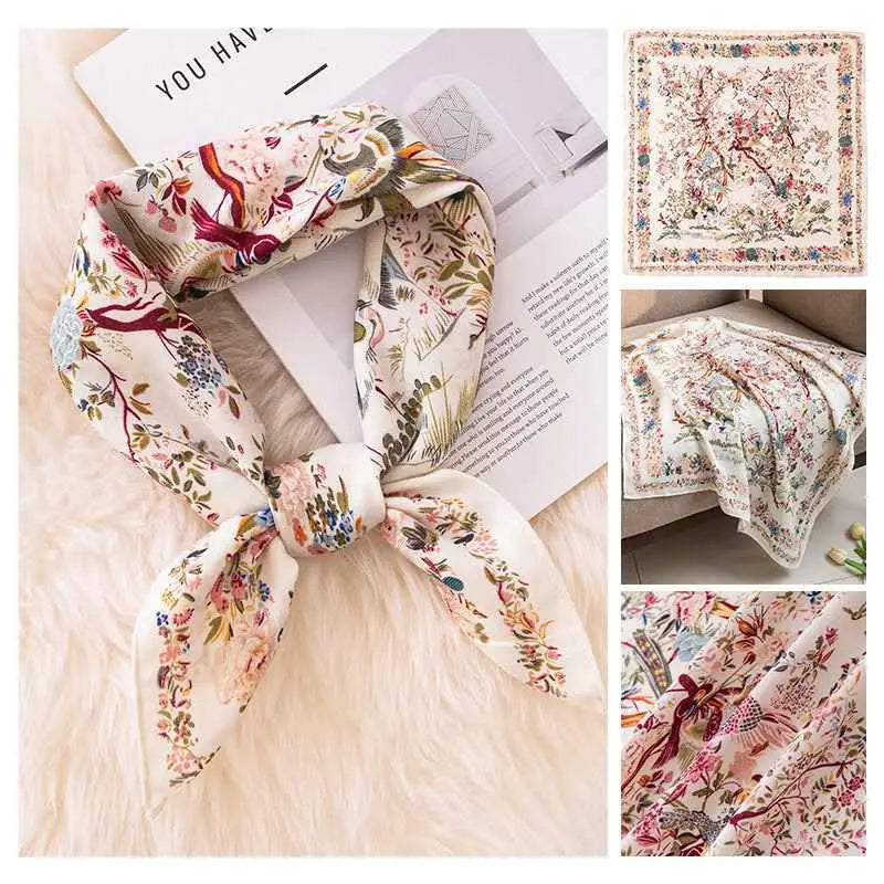 Vintage print emulation silk square scarf 70cm with delicate cream base and vibrant floral and bird pattern in soft hues Beige Floral Branches