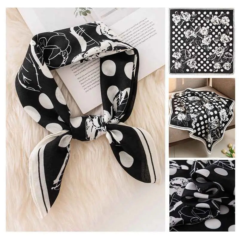 Black and white floral-patterned vintage print emulation silk square scarf with polka dots tied into a bow Black Dot Rose