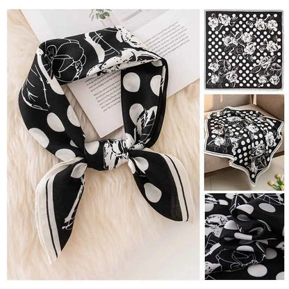 Black and white floral-patterned vintage print emulation silk square scarf with polka dots tied into a bow Black Dot Rose