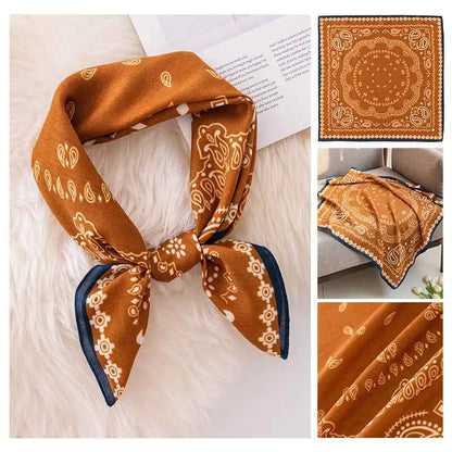 Vintage print emulation silk square scarf in warm orange with cream paisley and navy trim from trend den Caramel Cashew