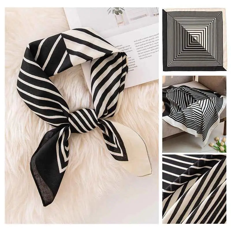 Black and white striped vintage print emulation silk square scarf tied in a knot from trend den measuring 70cm Contrast Color Black And White