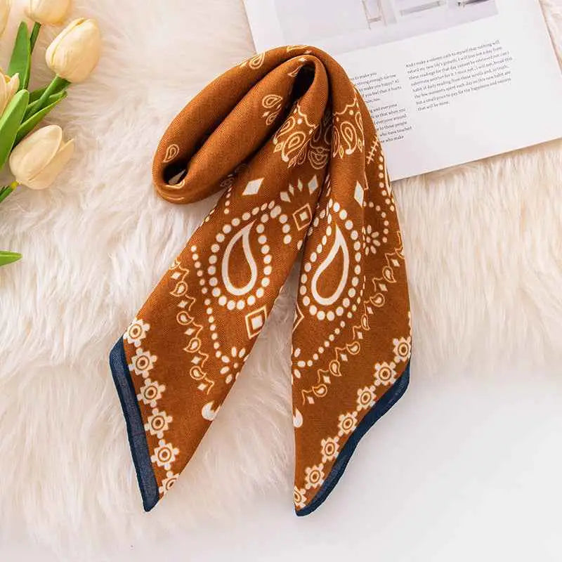Brown bandana-style vintage print emulation silk square scarf with white paisley and navy blue trim, 70cm trend den style