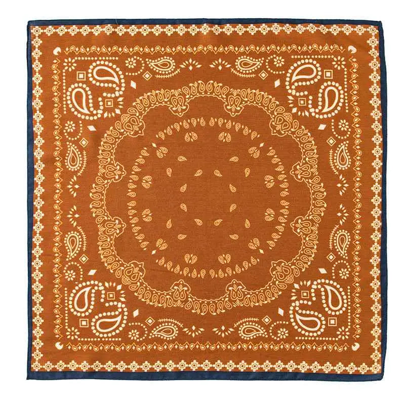 Vintage print emulation silk square scarf in orange with white paisley pattern and navy blue border from trend den