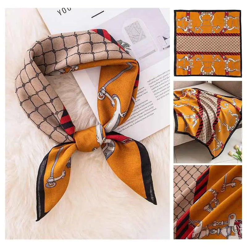 Vintage print emulation silk square scarf with vibrant orange chain-link pattern and bold red black beige accents Orange Chain