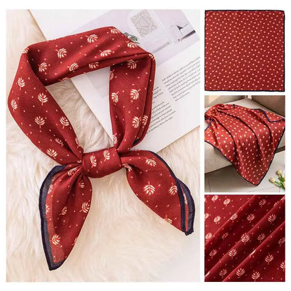 A rich red vintage print emulation silk square scarf with white leaf pattern and navy blue trim 70cm Red Fallen Leaves