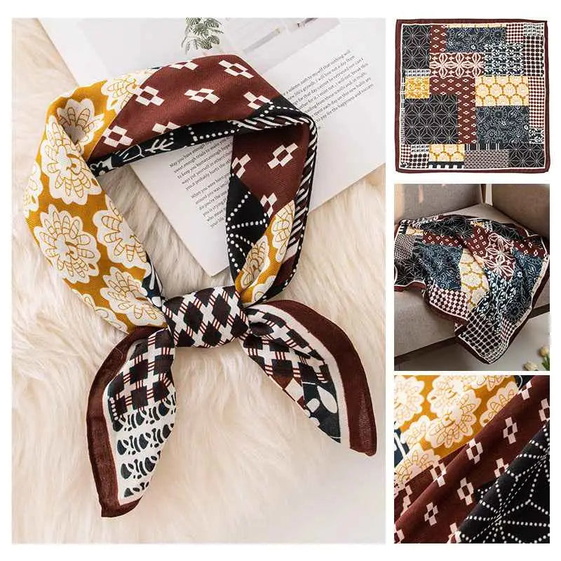 Vintage print emulation silk square scarf with patchwork design in earthy brown mustard yellow and black tones Retro Color Matching Plaid