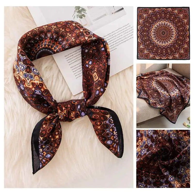 A vintage print emulation silk square scarf in brown and gold with a mandala pattern tied in a knot Retro Totem