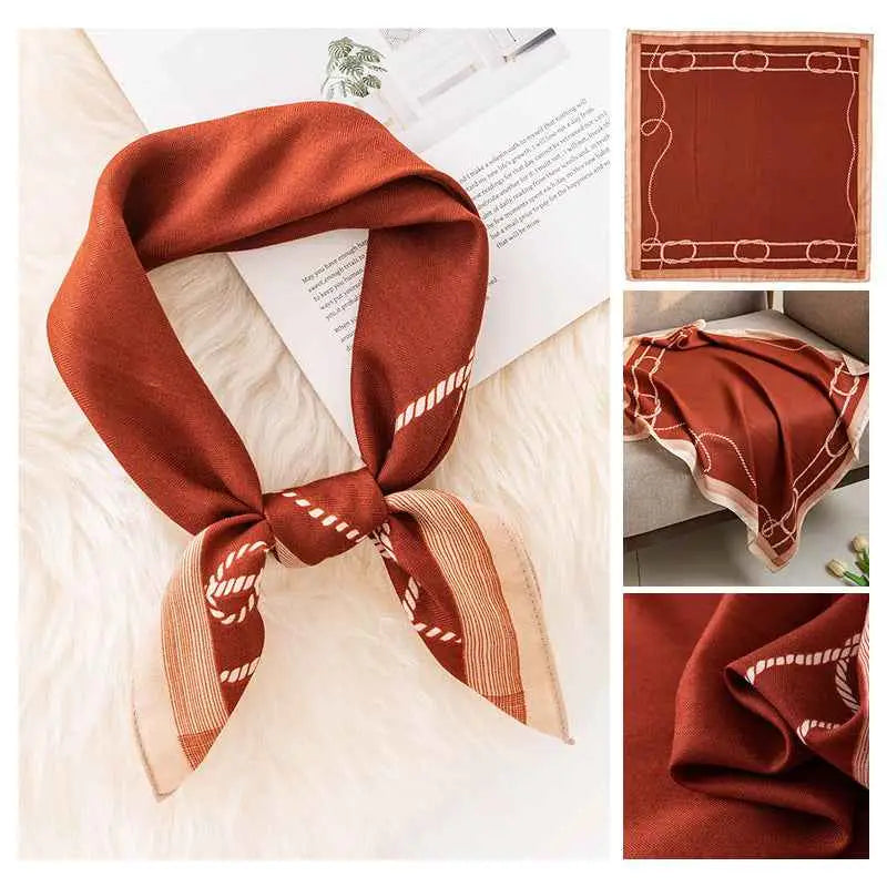 Rust-colored vintage print emulation silk square scarf with cream geometric pattern and elegant knotting from trend den Rust Red Chain