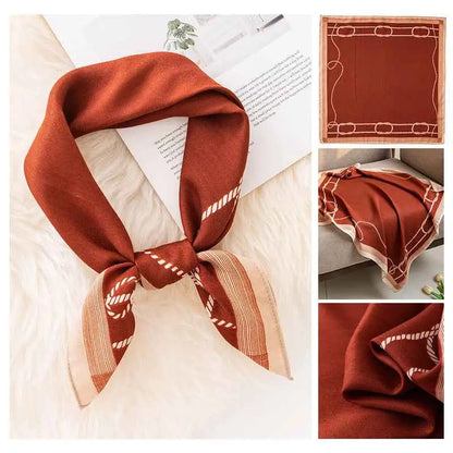 Rust-colored vintage print emulation silk square scarf with cream geometric pattern and elegant knotting from trend den Rust Red Chain
