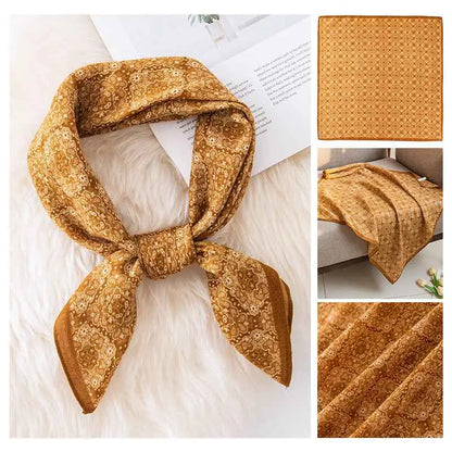 A golden brown vintage print emulation silk square scarf with intricate floral pattern tied in a neat knot Yellow Diamond Chart