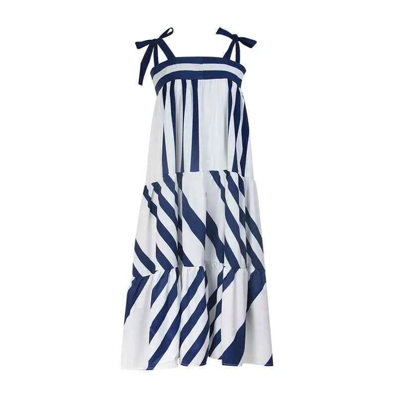 Vintage sleeveless printed midi dress in navy and white striped tiered design with adjustable shoulder ties