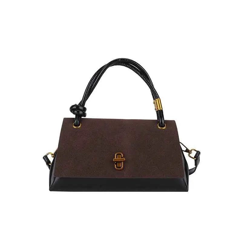 Brown suede vintage structured buckle tote and crossbody bag with black patent trim and gold-tone hardware from trend den Brown
