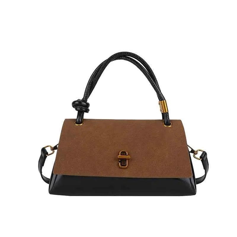 Brown and black two tone vintage structured buckle tote and crossbody bag with braided leather handles and gold hardware accents Dark Brown