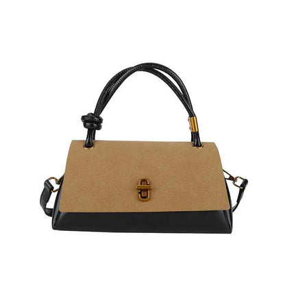Vintage structured buckle tote and crossbody bag with tan and black leather, gold clasp, and braided handles tied in knots Khaki