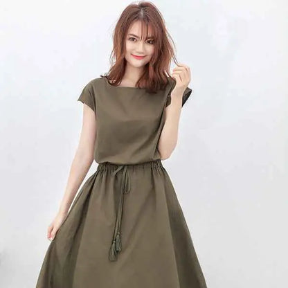 Olive green waist-in loose cotton linen midi dress with short sleeves and drawstring waist swing dress south african style Army Green