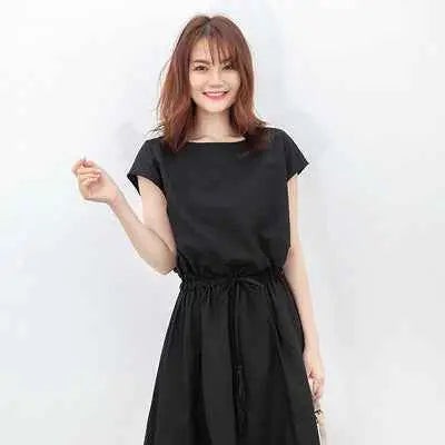 Black sleeveless south african swing dress with cinched waist and flowing skirt in lightweight cotton linen fabric Black