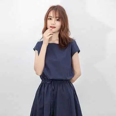 Navy blue sleeveless waist in loose cotton linen swing dress with gathered waist and flowing skirt south african style Royal blue