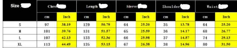 Size chart for long sleeve printed autumn dress showing chest length sleeve shoulder and waist in cm and inches