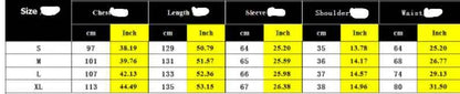 Size chart for long sleeve printed autumn dress showing chest length sleeve shoulder and waist in cm and inches